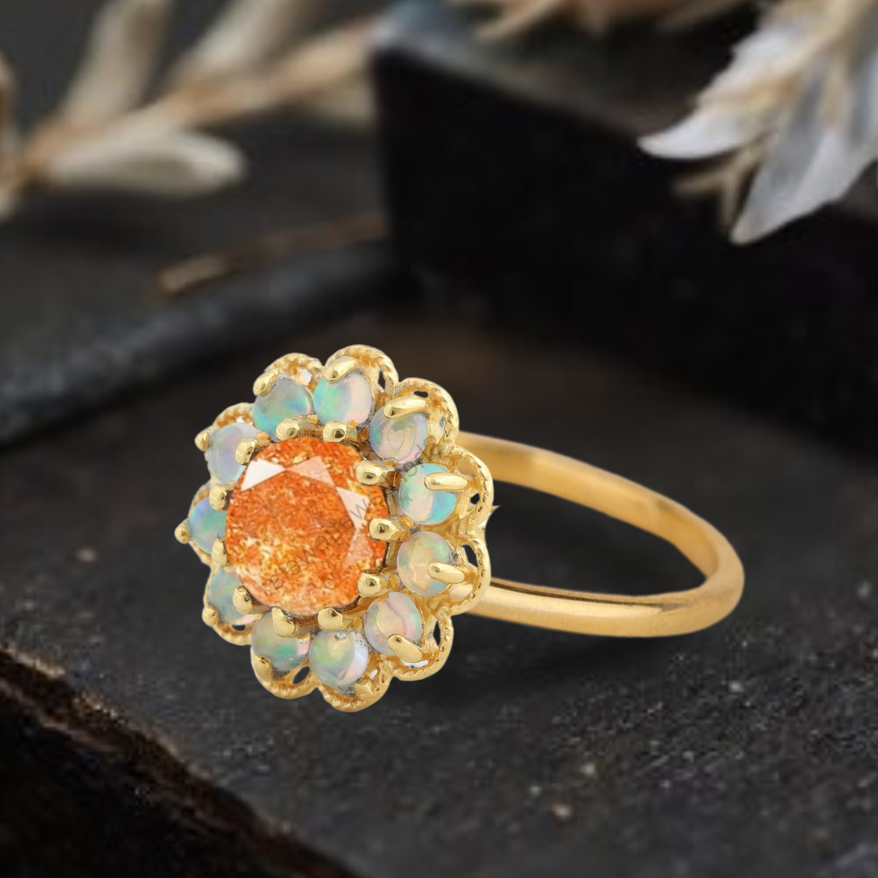 Vintage Sunstone Opal Ring Round Orange Unique Gemstone Engagement Rings
